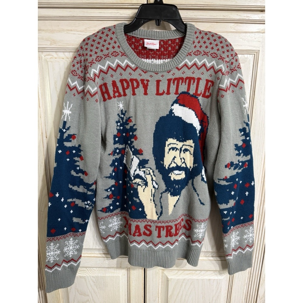 Bob Ross Christmas Sweater Happy Little Xmas Trees MenUgly Gray Red Graphic Med